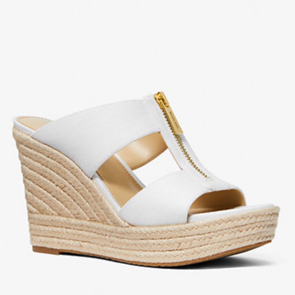 Michael Kors Bradley Linen Blend Canvas Wedge White Sandal EUC Size 7